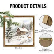20x20 cm rustik julstuga och renväggkonst - fyrkantig träram, horisontell polerad träfinish, lätt presentplakett för högtider_voghion.com