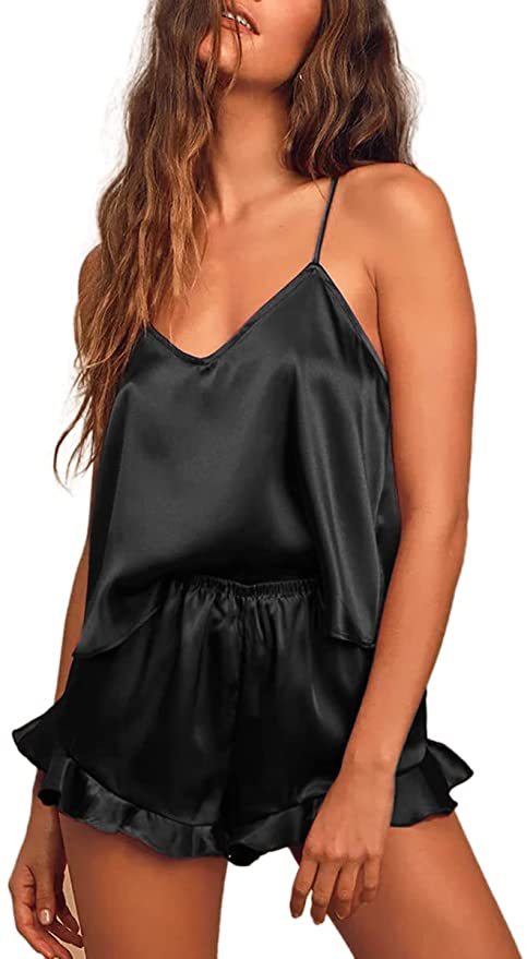 Uyku Giysileri Kadın İpek Pijamalar Düz Renk V Yaka Askılı Şort İki Parça Pijamalar Seksi Moda Ev Giyim Takım Elbise_voghion.com