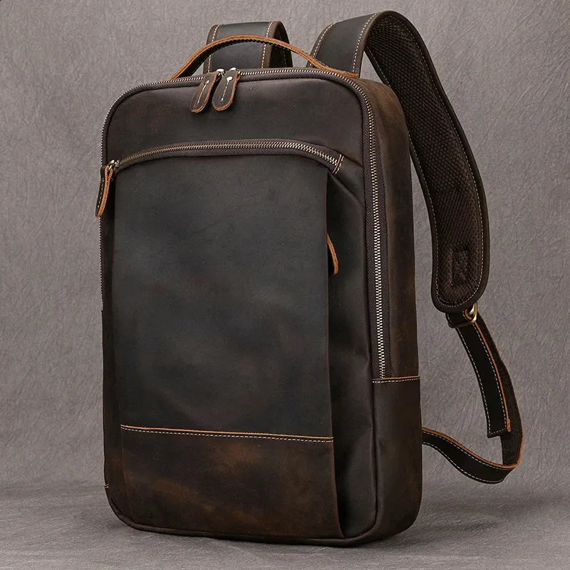 Vintage Mens Crazy Horse Leather genuine leather Retro Rucksack Large Classic Travel Backpack Big laptop computer bag_voghion.com
