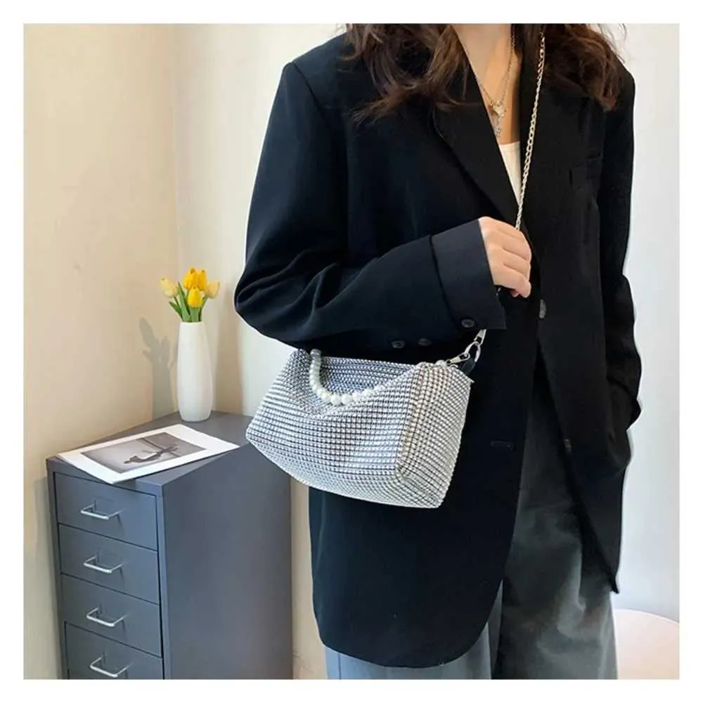 Sac messager à fermeture éclair en métal avec poignée en perles, grande capacité, sac à bandoulière décoratif à diamants brillants pour lui/voyage Y241026_voghion.com