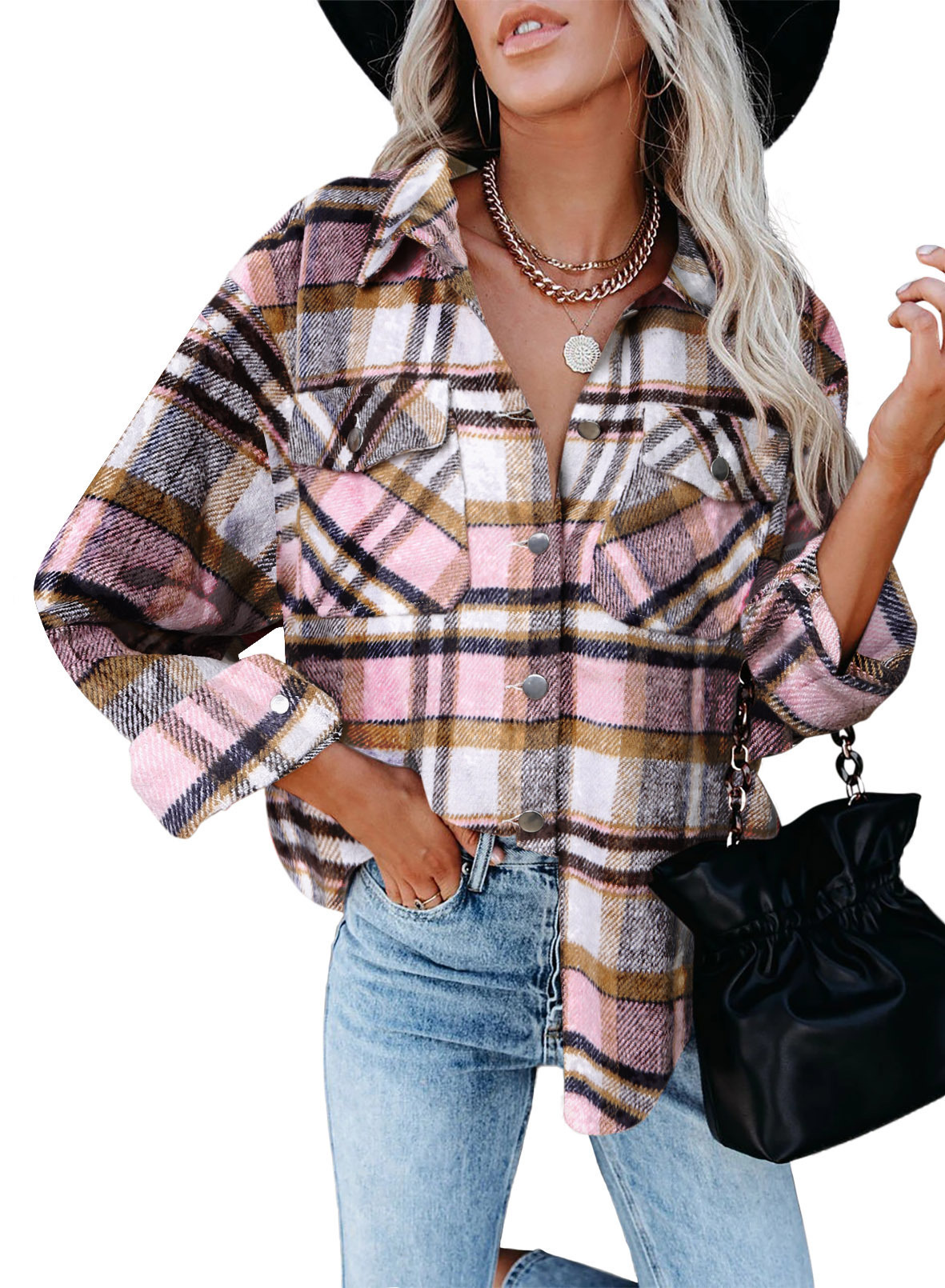 Karierte Damenhemden, Damen-Freizeithemden aus Wolle mit Taschen, Damen_voghion.com