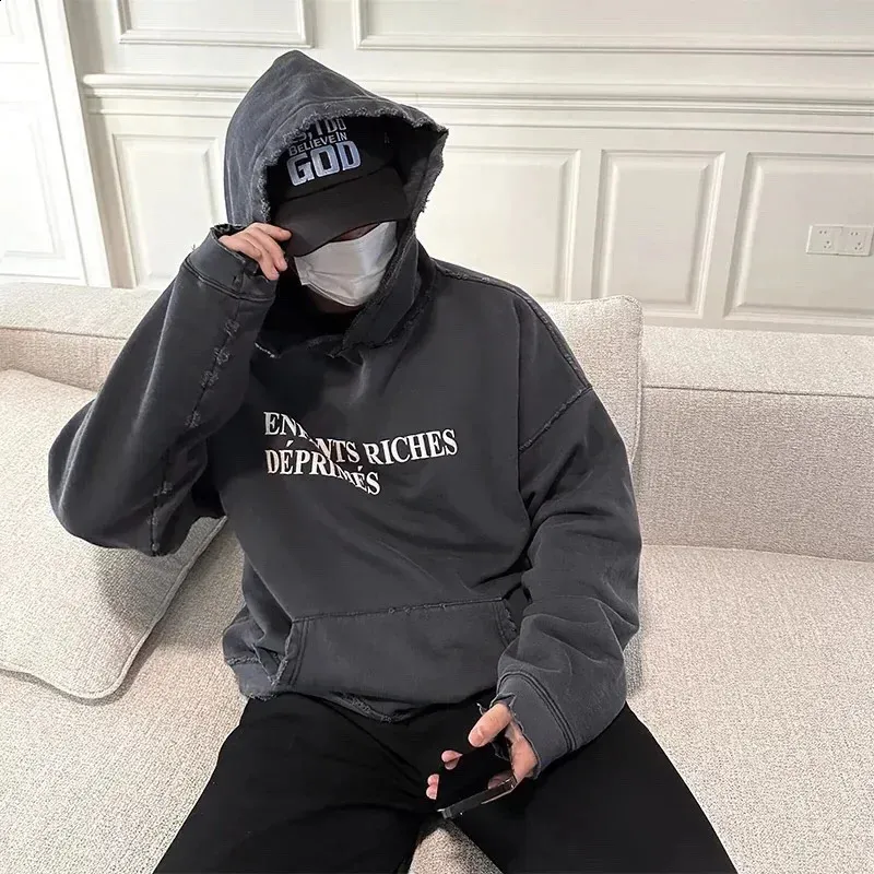 Felpe con cappuccio da uomo, 24FW, qualità Strtwear, vintage, lavato, nero, danneggiato, Enfants Riches Deprimes, felpa con cappuccio da uomo e da donna, 1 etichetta_voghion.com