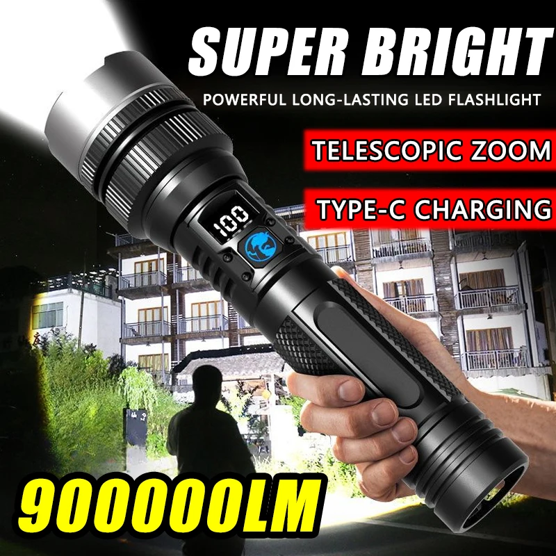 Powerful Led Flashlight With Zoom Torch And Digital Display Type-c_voghion.com