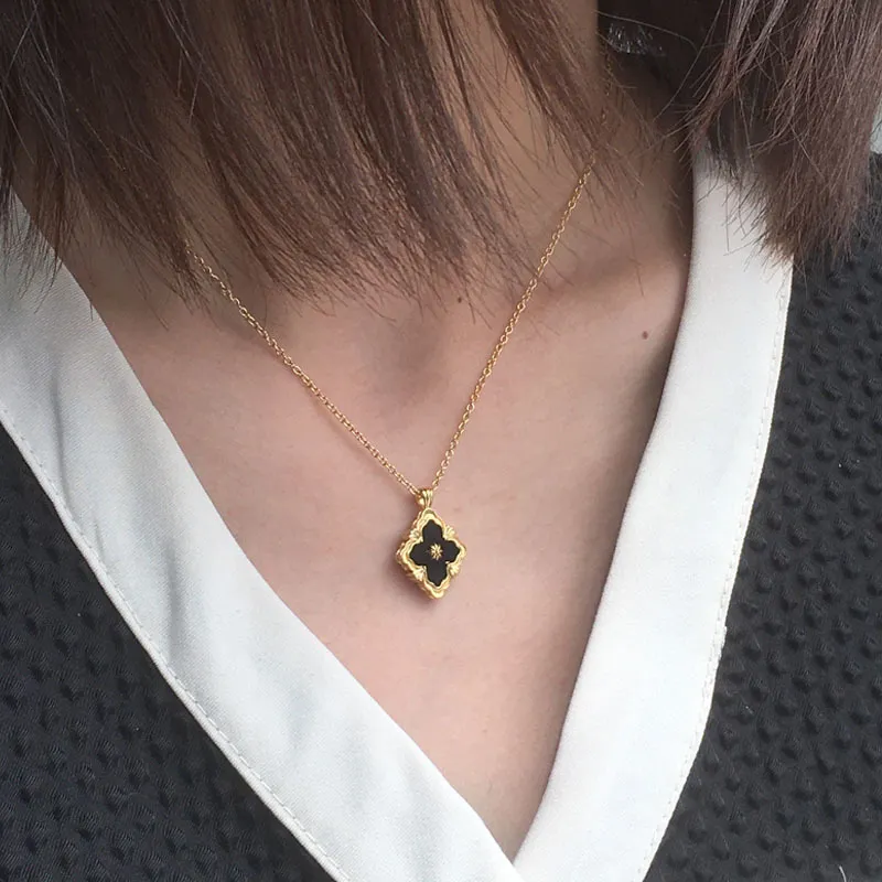 Collane con ciondolo a forma di trifoglio del marchio italiano per le donne, collana girocollo in smalto dorato vintage retrò, a doppio lato, per feste_voghion.com