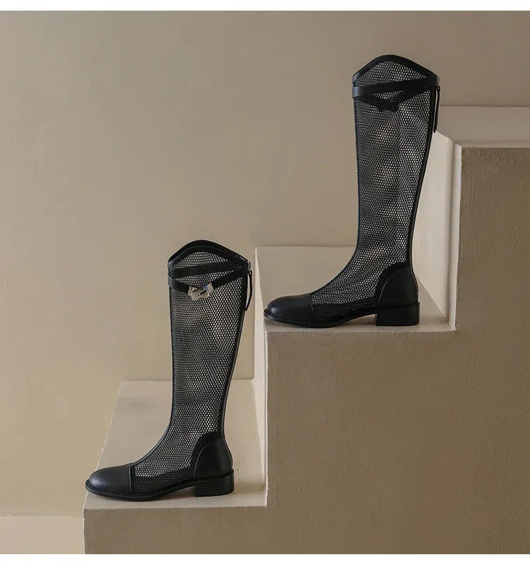 Breathable Leather Mesh Long Boots For Women Fashionable Sandals_voghion.com