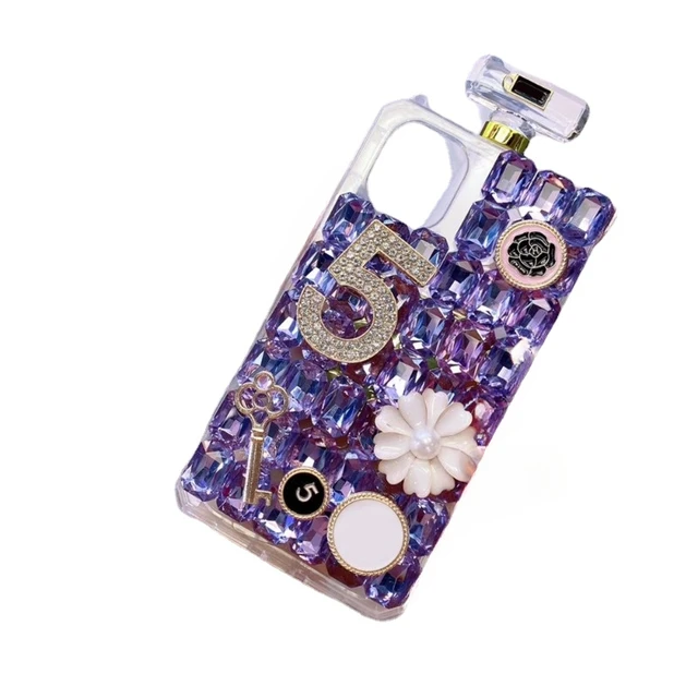 Carcasă de telefon cu sticlă de parfum și strasuri strălucitoare cu diamante, pentru iPhone, calitate înaltă, design vestimentar, 15, 14, 13, 12 Pro_voghion.com