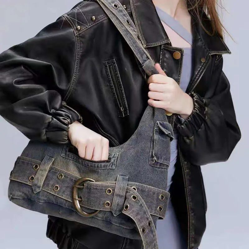 Trendy Women Vintage Denim Punk Shoulder Bag Y2k Streetwear Grunge Handbag Cool Girls Retro Gothic Casual Underarm Bags_voghion.com