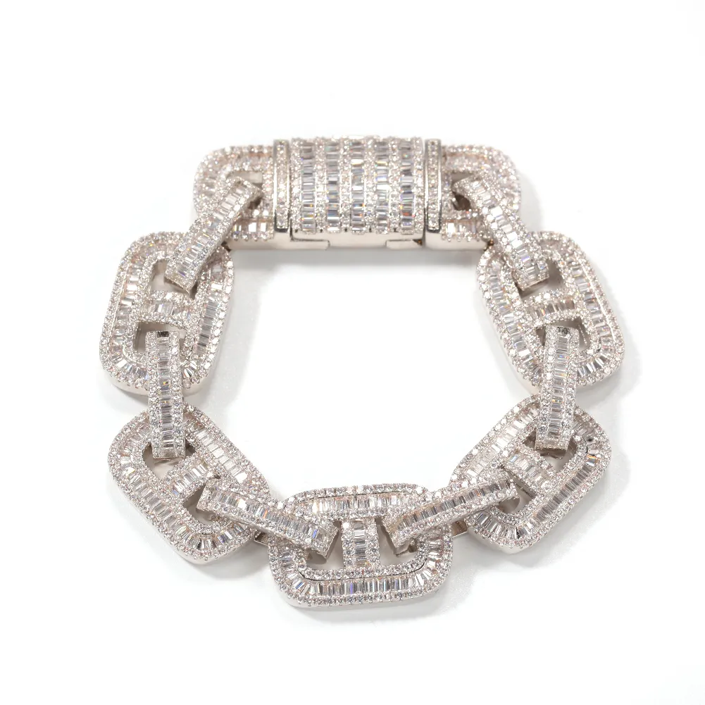 New Fashion Baguette CZ Bracelets 15mm Miami Cuban Link chain Mens Bangles Iced Out Gold Sier Color Box Clasp Hip Hop_voghion.com