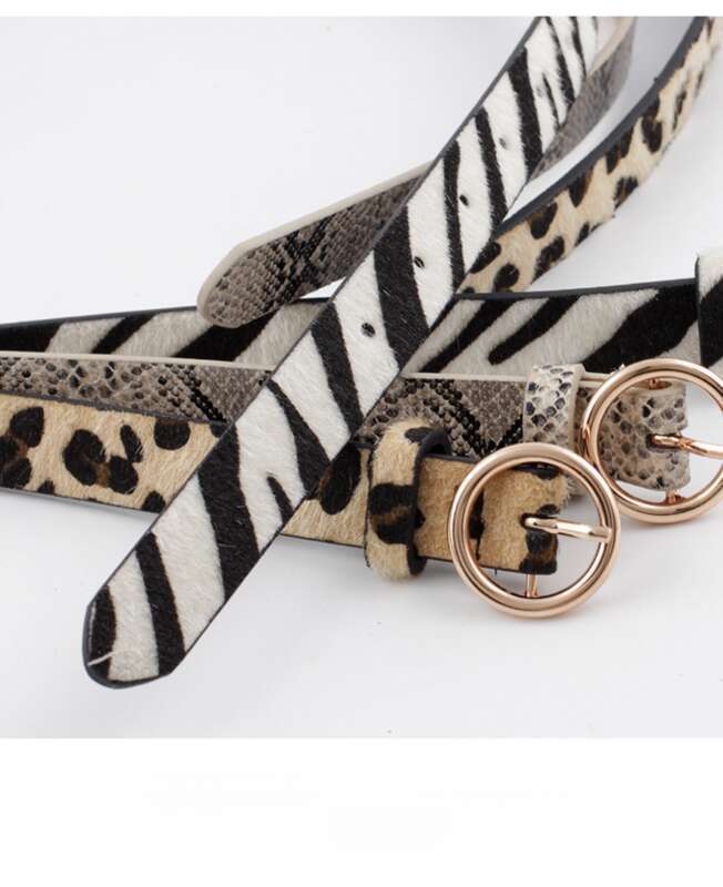 Ceinture fine décorative pour femme en jean avec boucle ronde et motif serpent à rayures léopard_voghion.com