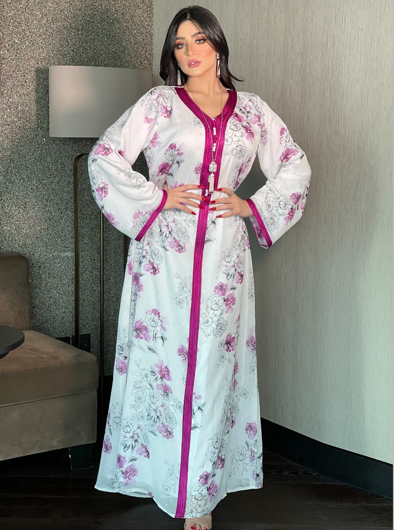Abbigliamento donna Moda Medio Oriente Nuovo Oro Seta Chiffon Stampa a inchiostro Abito Donna Abaya Stile etnico Arabo Dubai Abito_voghion.com
