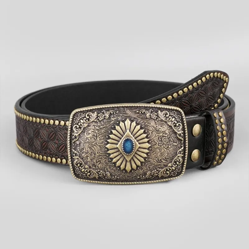 Gürtel Westerngürtel für Damen und Herren, Cowboy- und Cowgirl-Stil, geschnitztes Leder, Country-Metallschnallen, verstellbarer Bund_voghion.com