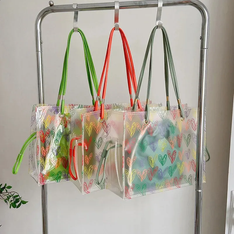 Heart Pattern Clear Pvc Tote Bag And Shoulder Bag Set For Summer_voghion.com