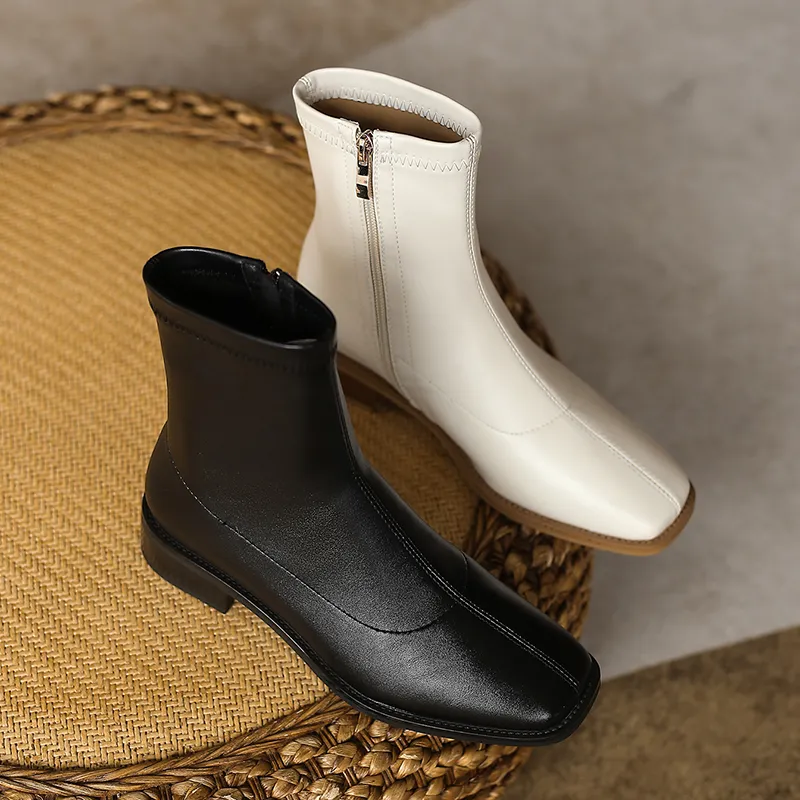 JOZHAMTA Size 34-42 Stretch Soft Leather Thick Heels Shoes For Women Winter 2023 Zipper Retro Ankle Boots Elastic_voghion.com