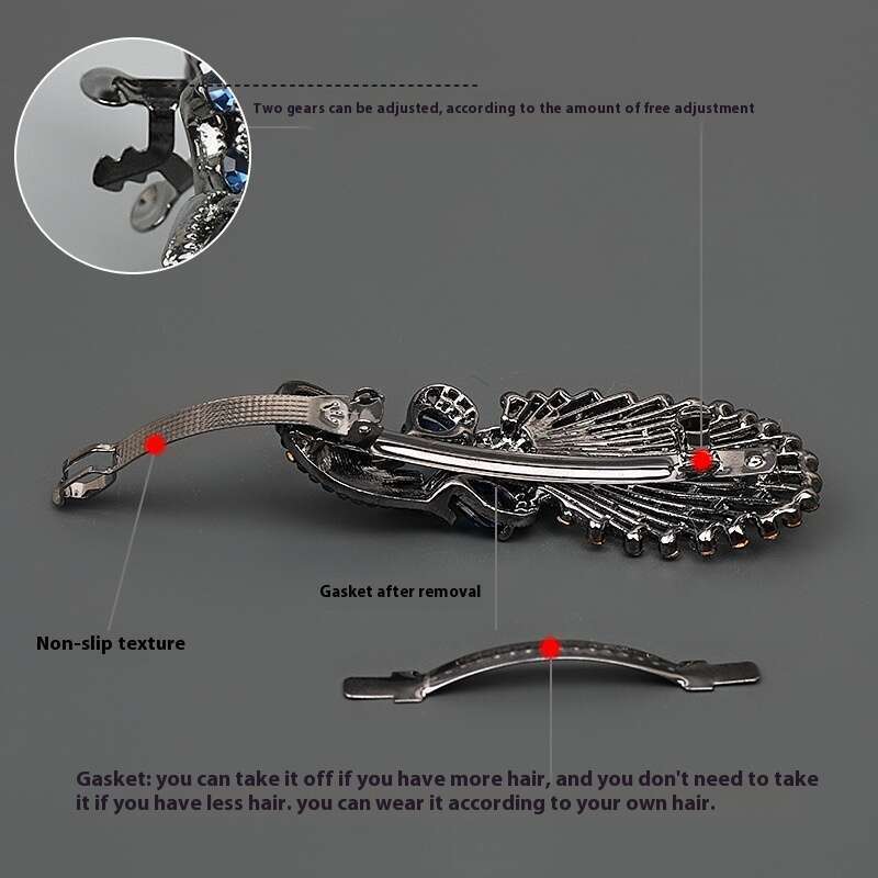 Pfauenfeder, halb auf der Rückseite des Kopfes gebunden, oben horizontale modische Haarspange, gerader Clip_voghion.com