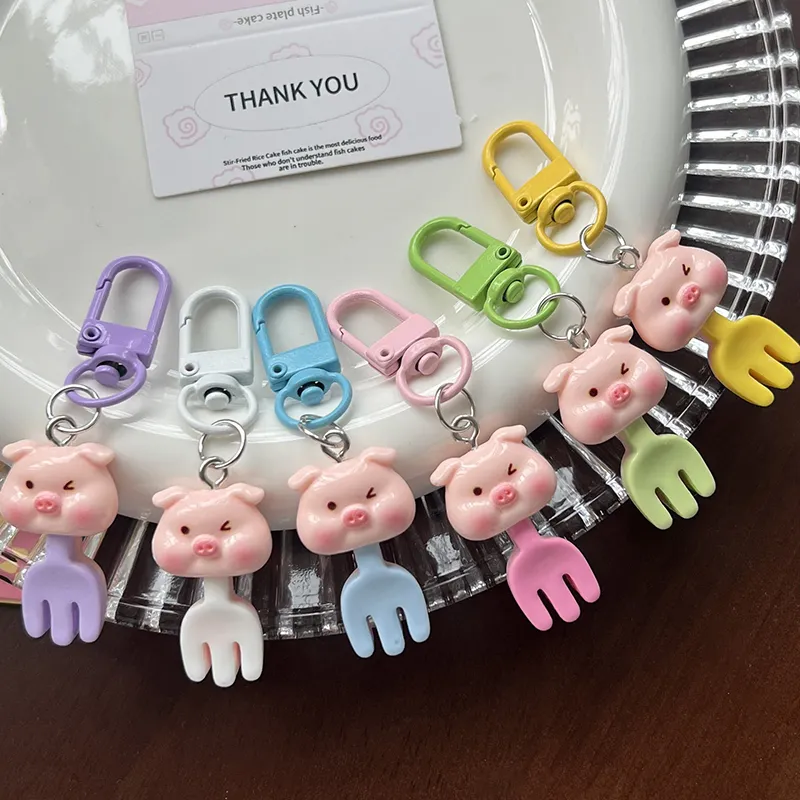 Kawaii Cartoon Piggy Fork Keychain Cute Animal Keyring Lovely Resin Key Holder School Pendant Bag Backpack Ornament_voghion.com