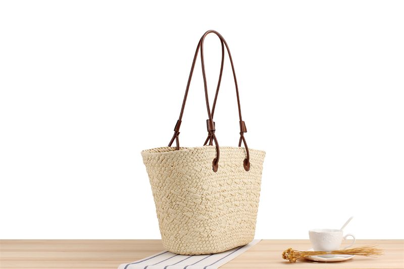 Modische einfache einfarbige Papiertasche im Retro-Stil mit Kontrastfarbe und großem Fassungsvermögen für den Urlaub,_voghion.com