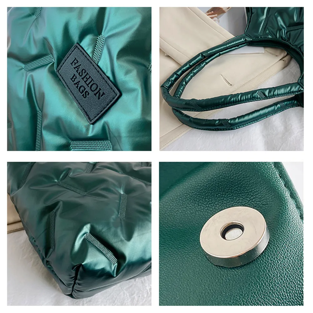Borsa a mano imbottita in cotone da donna, trapuntata, grande capacità, invernale, casual, morbida e soffice._voghion.com