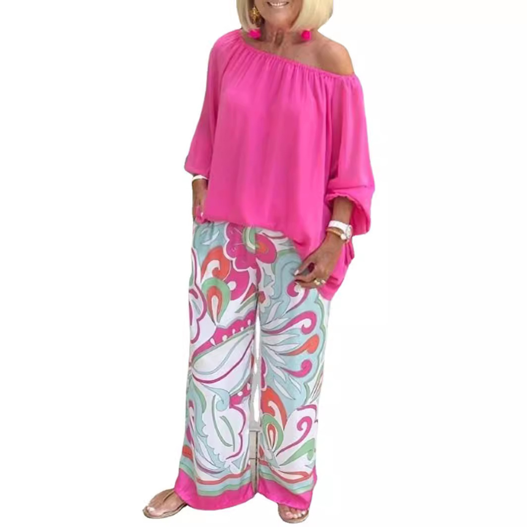 2025 New Women's Printed Pants Off-Shoulder Top Casual Set_voghion.com