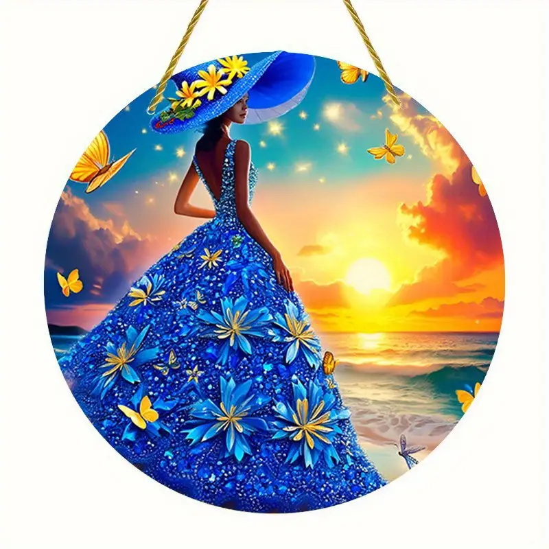 20x20 cm sommarprakt solfångare - blommig och fjärilsliknande strandscen med blå klänning och hatt. Livfull väggdekoration för sommarfester._voghion.com