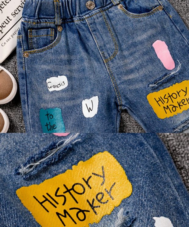 Mother & Kids Spring new 2024 small and medium children's street contrast color children's trousers girls color letter loose jeans_voghion.com
