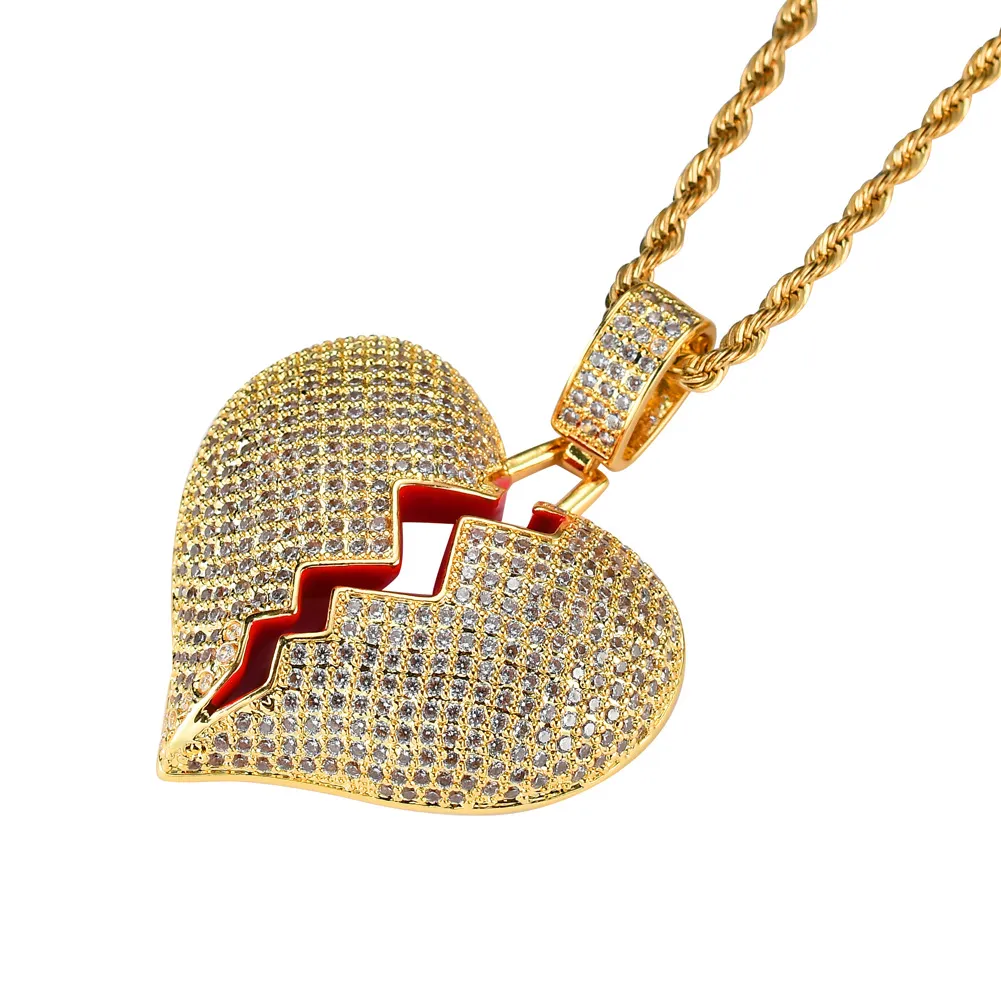 Pendant Necklaces Heart Broken Necklace Gold Sier Color Zirconia Stone Hip Hop Jewelry For Men Charm Gifts_voghion.com