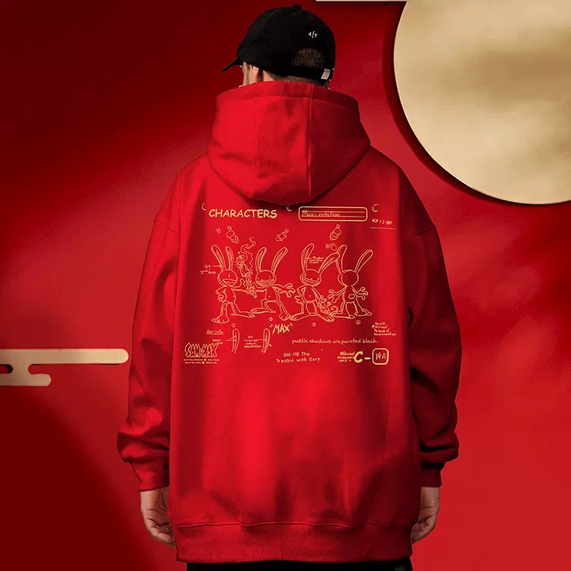 Felpa con cappuccio oversize Year of the Rabbit, abbigliamento da uomo di grandi dimensioni Instagram alla moda, peluche hip-hop rosso autunno e inverno_voghion.com
