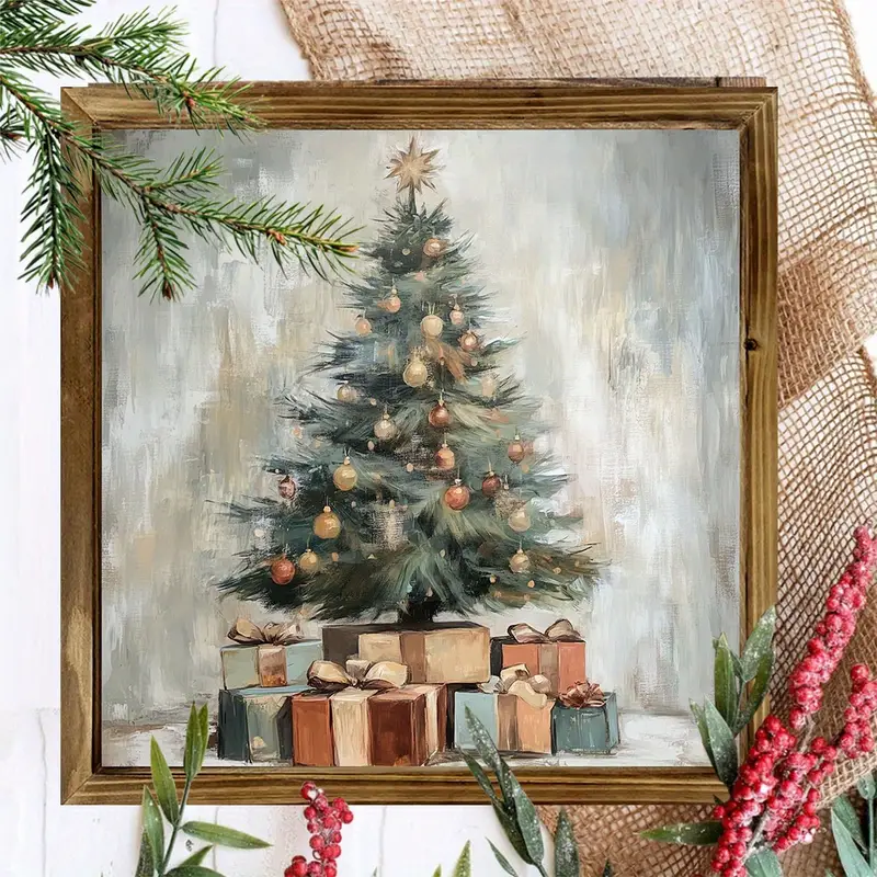 Semn rustic din lemn cu model de brad de Crăciun de 20x20 cm - Artă murală vintage cu design rustic pentru casă/birou, ușoară și lustruită, cadou de decor pentru birou de sărbători_voghion.com