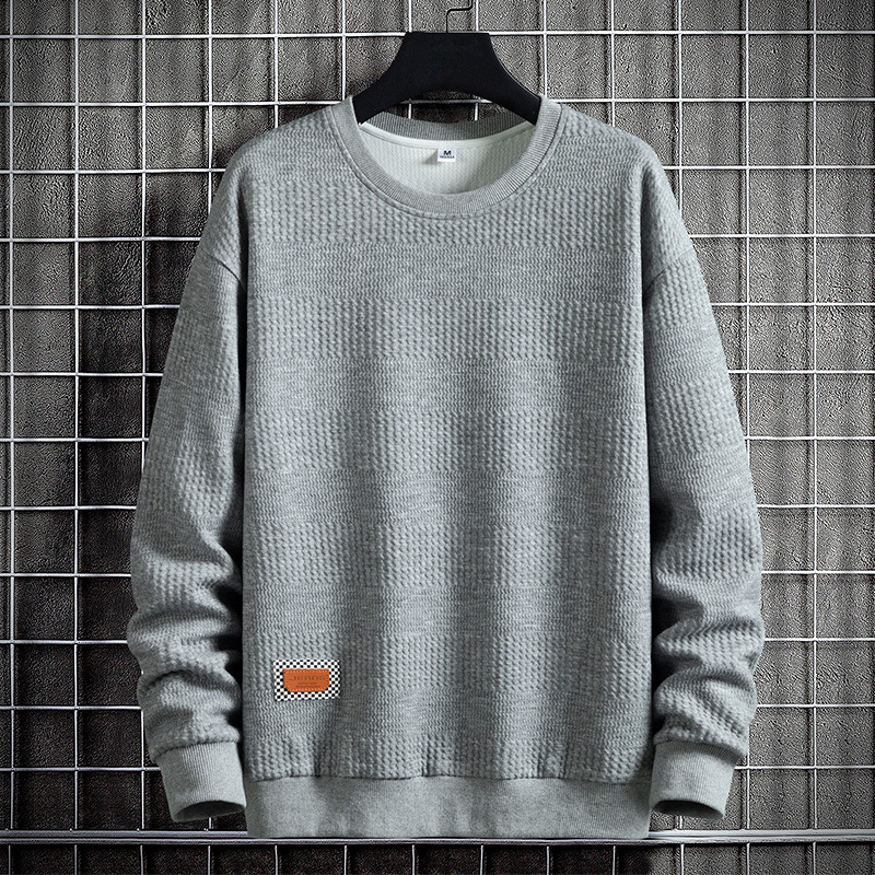 Men's hoodie spring and autumn Korean version new trend solid color jacquard fabric top casual youth round neck hoodie_voghion.com