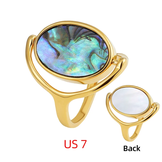 Ready Stock Elegante echte natürliche weiße und Abalone-Muschelringe für Frauen, spezielles Design, doppelseitiger drehbarer Ring, Charm-Schmuck für Partys_voghion.com