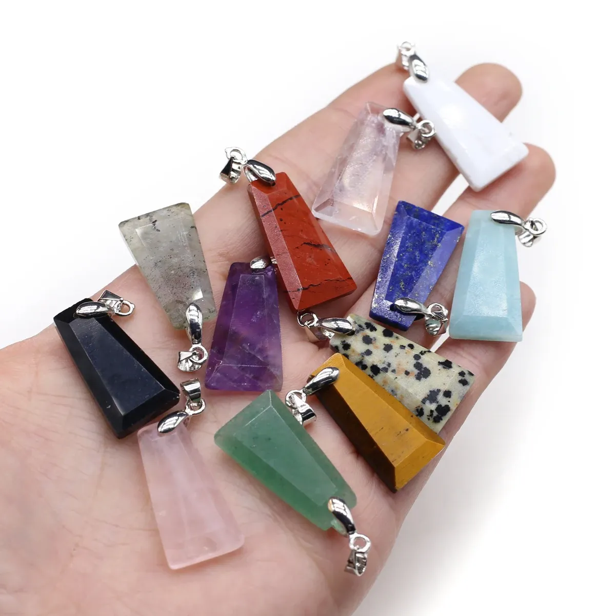 Collane con ciondolo 10 pezzi all'ingrosso pietra naturale quarzo rosa agata trapezoidale creazione di gioielli fai da te collana orecchini_voghion.com