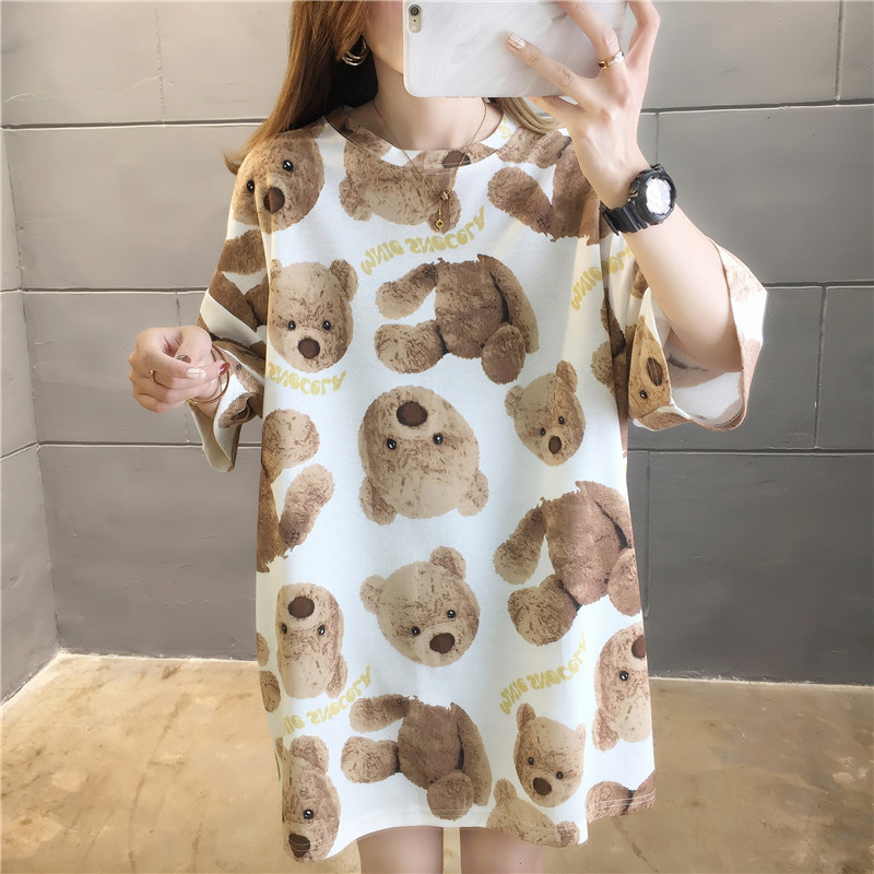 Loses T-Shirt mit Cartoon-Bär für Damen, kurzärmelig, für Studenten, große Größe, mittelgroß und lang_voghion.com