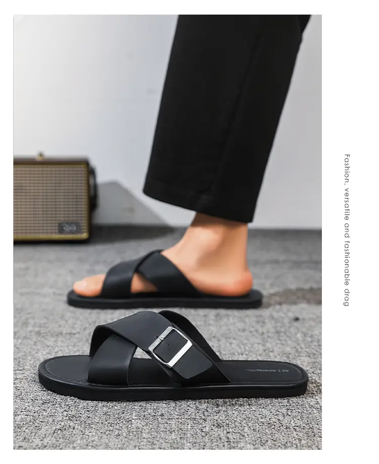 Men's Black Slide Sandals With Adjustable Buckle And Soft Sole_voghion.com
