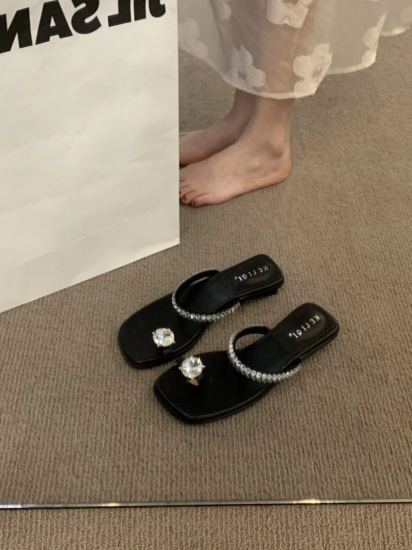 Moodsad prantsuse sandaalid, ruudukujulised, dia-kaetud flip-ps daamid, suvised õues kasutatavad sussid_voghion.com