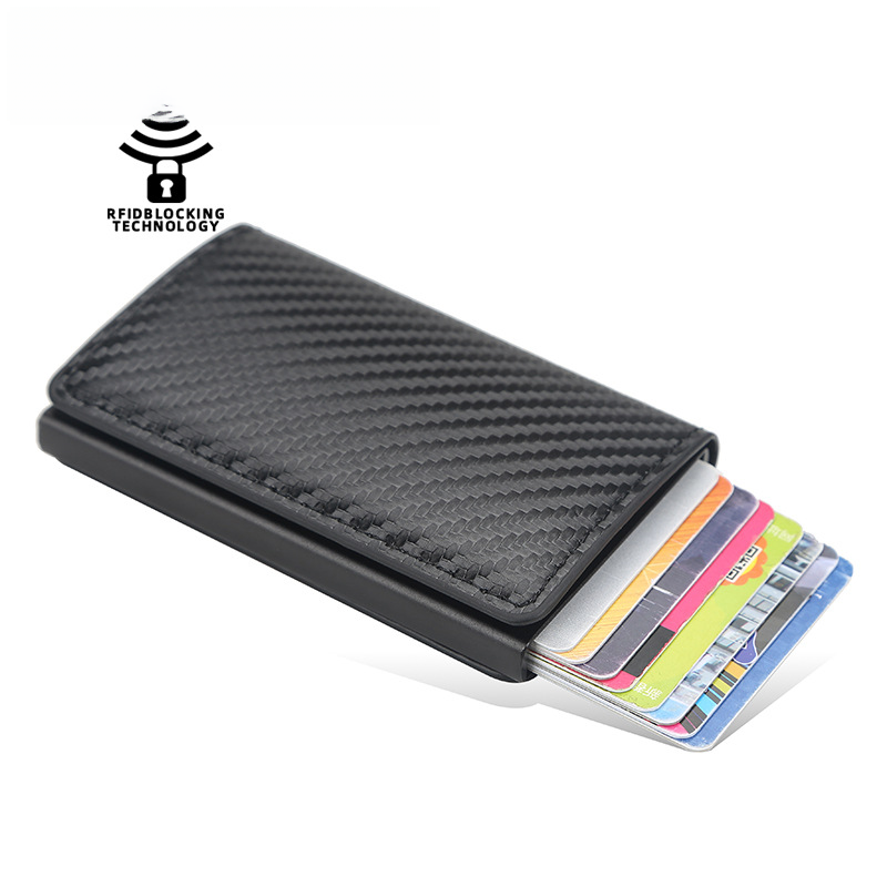baellerry Sac à cartes à carreaux pour hommes Boîte en aluminium et métal européen et américain Porte-cartes élastique automatique Portefeuille RFID pour hommes