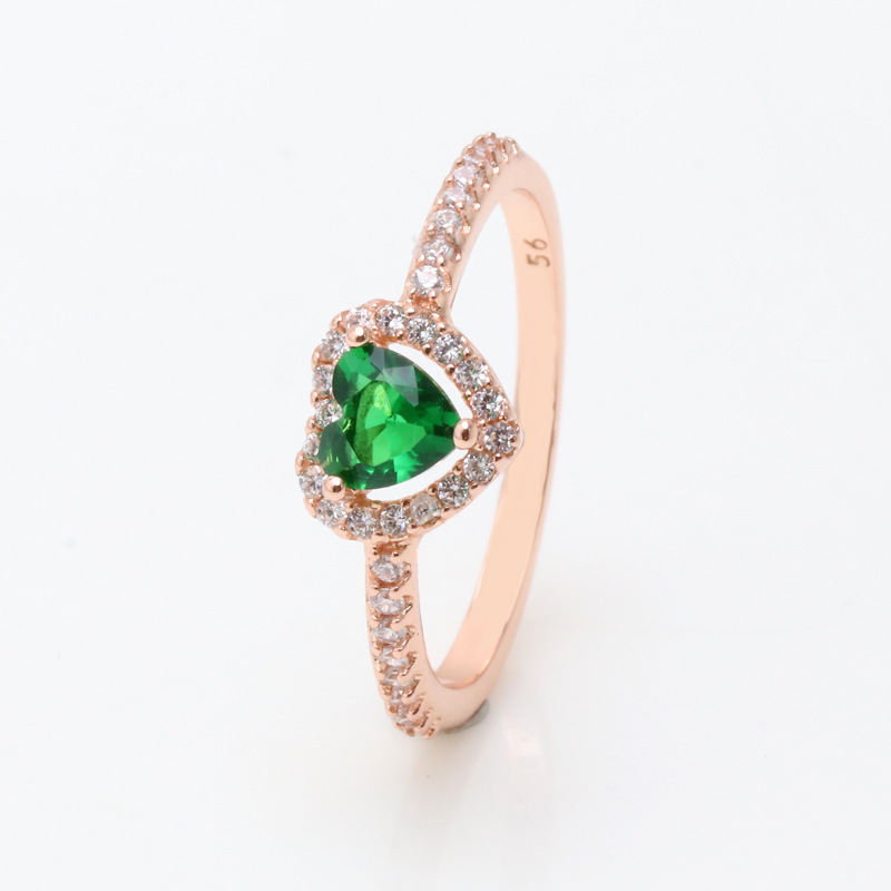 Family's New Transparent Tilted Heart Single Stone Silver Ring, Female Rose Shell Green Ring Gift