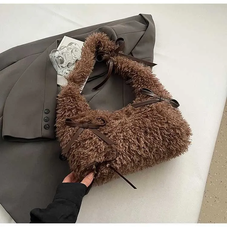 Sac à main en peluche douce pour femme, solide, moelleux, nœuds, appliques, épaule, femme, automne, hiver, mignon, sous les aisselles, paquets, poignée, dame_voghion.com