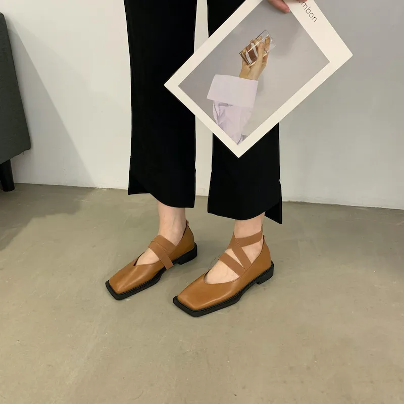 Mocassini singoli in pelle da donna, primavera 2022, nuovi, alla moda, con testa quadrata, fondo piatto, bocca bassa, scarpe basse_voghion.com