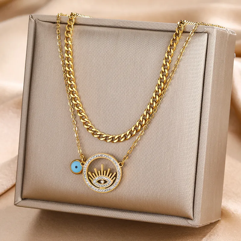 Eye Shaped Layered Chain Necklace In Stainless Steel Jewellery_voghion.com