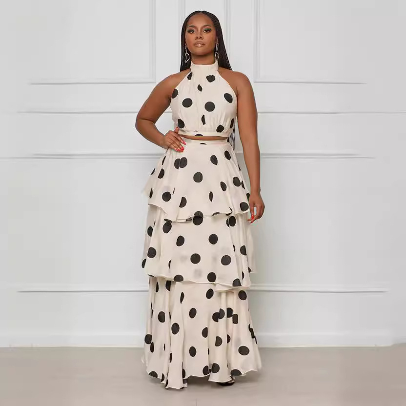 Vêtements pour femmes, col licou, pois, taille haute, volants, mode, jupe rajeunissante