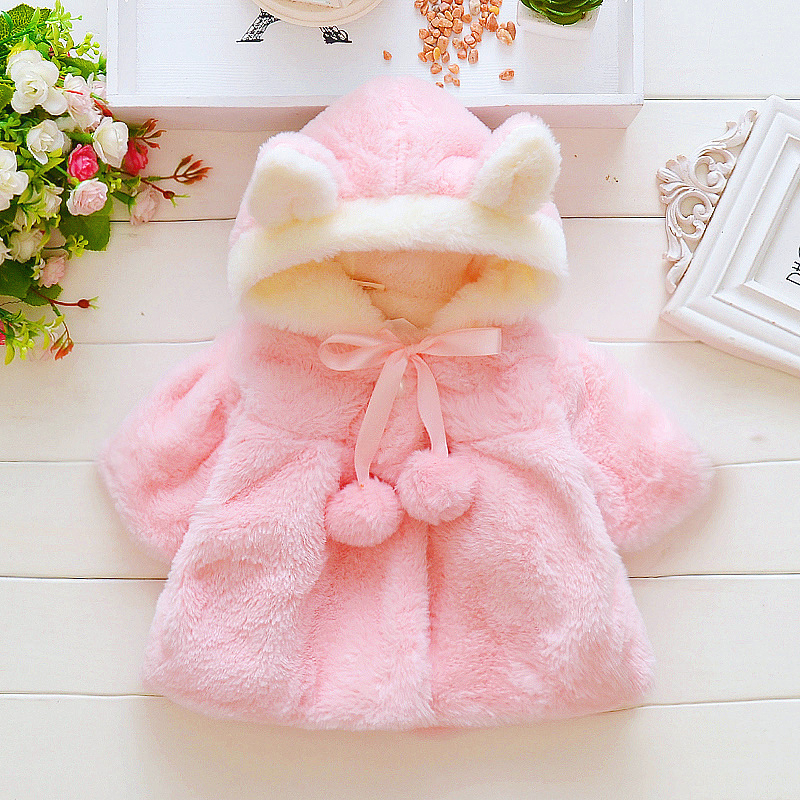 Winter Newborn Baby Girl Coat Warm Pink Rabbit Ears Hooded Coat Cute Velvet Thick Coat For Baby