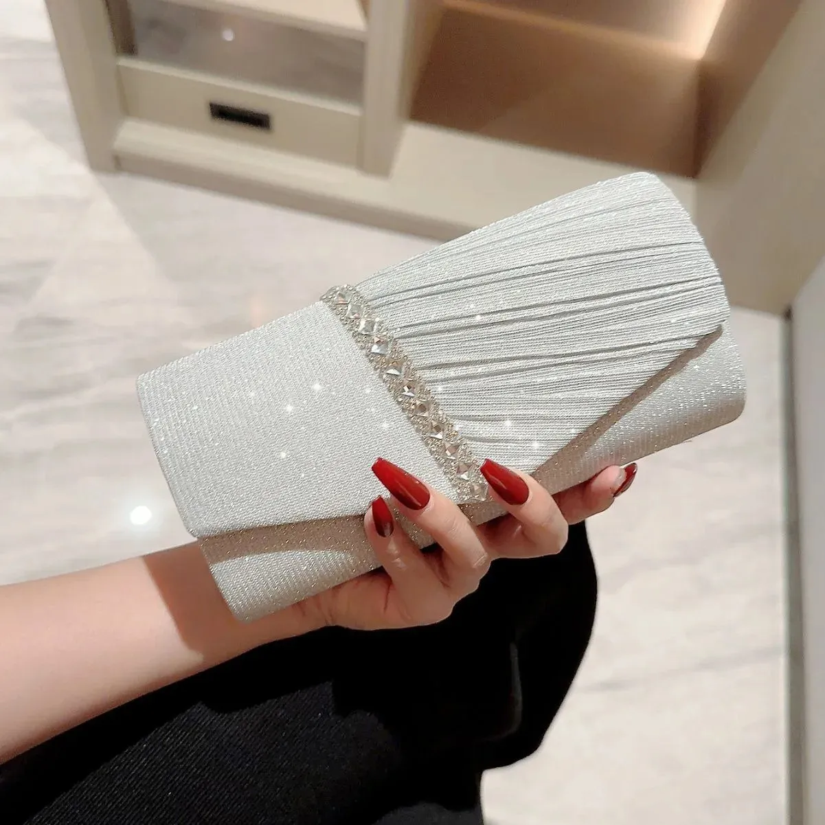 Modische Clutch für Damen, glänzender Rhie-Umschlag, Abendkette, Umhängetasche, Geldbörse, Dame, Hochzeitsfeier, Handtasche 240820_voghion.com