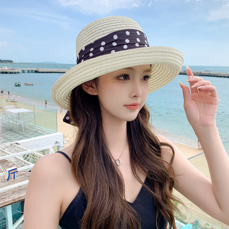 Women's Straw Sun Hat With Polka Dots And Ribbons For Beach_voghion.com