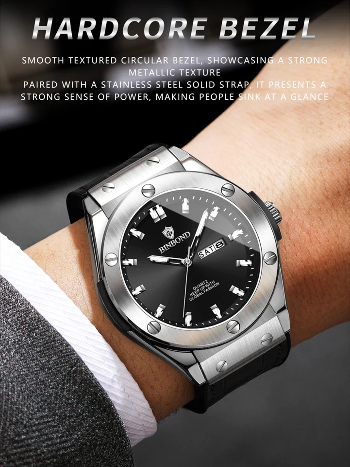 Men's Quartz Wrist Watch With Leather Strap And Date Display_voghion.com