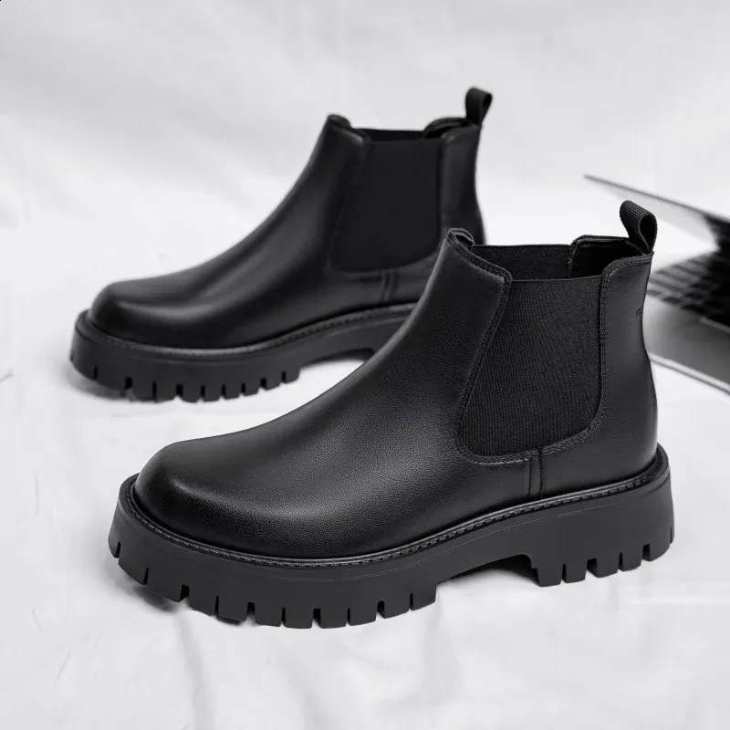 Herren-Arbeitsschuhe im britischen Stil mit dicker Unterseite, wasserdicht, lässige Mode, klassische, bequeme Lederstiefel mit hoher Spitze und runder Zehenpartie_voghion.com