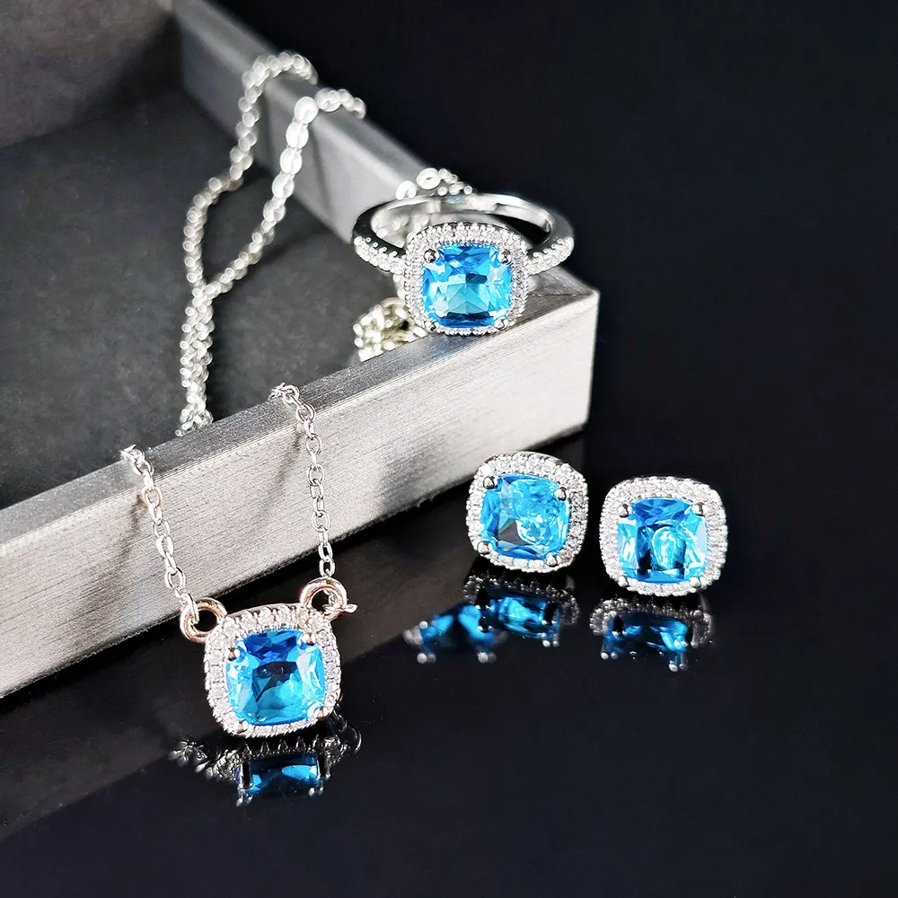 Collana con anello e orecchino in tre pezzi di design blu cristallo, stile alla moda, anelli con zirconi lucidi, design classico, gioielli da boutique_voghion.com