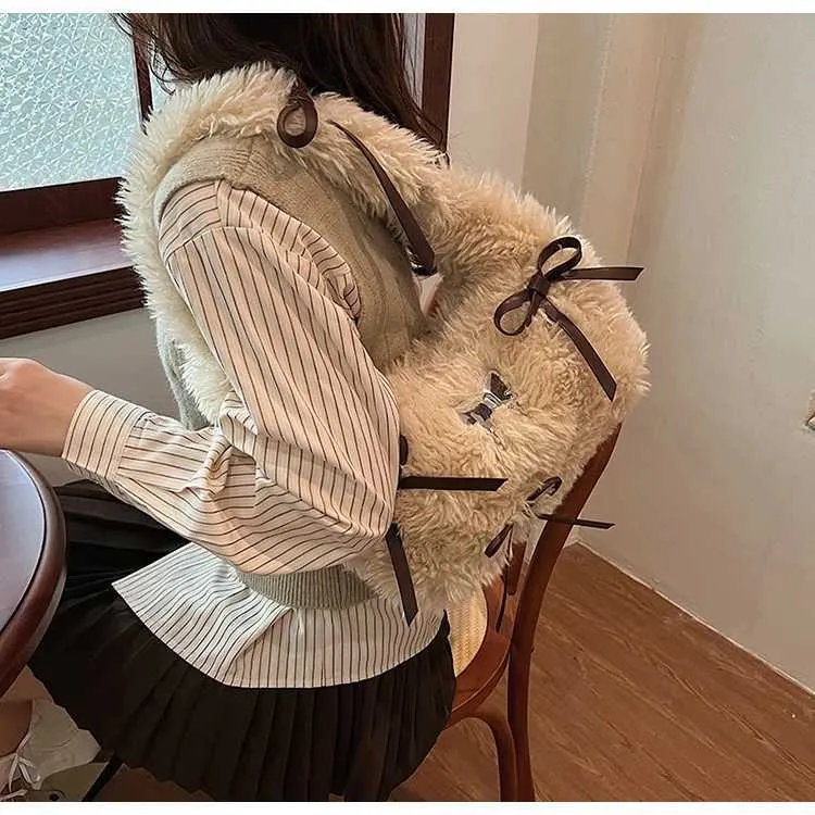 Sac à main en peluche douce pour femme, solide, moelleux, nœuds, appliques, épaule, femme, automne, hiver, mignon, sous les aisselles, paquets, poignée, dame_voghion.com