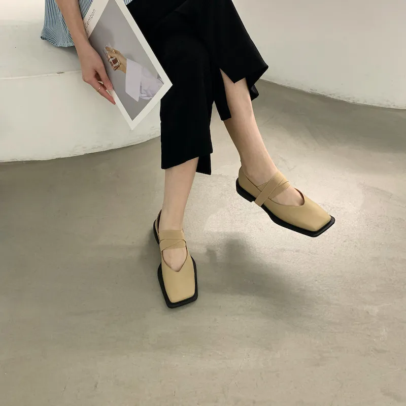 Mocassini singoli in pelle da donna, primavera 2022, nuovi, alla moda, con testa quadrata, fondo piatto, bocca bassa, scarpe basse_voghion.com