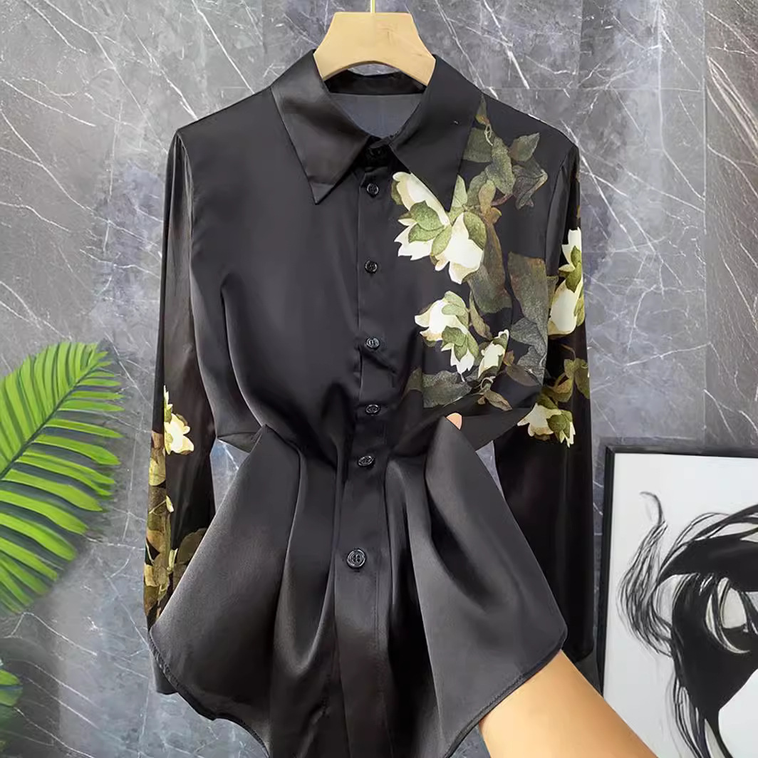 Camisa de manga larga de seda de morera, top de seda de imitación con estampado negro de estilo chino Retro