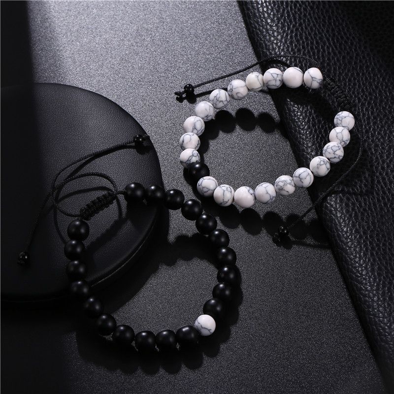 Fashion Retro Black Matte White Turquoise Braided Buddha Beads Set Men's Adjustable Couple Bracelet_voghion.com