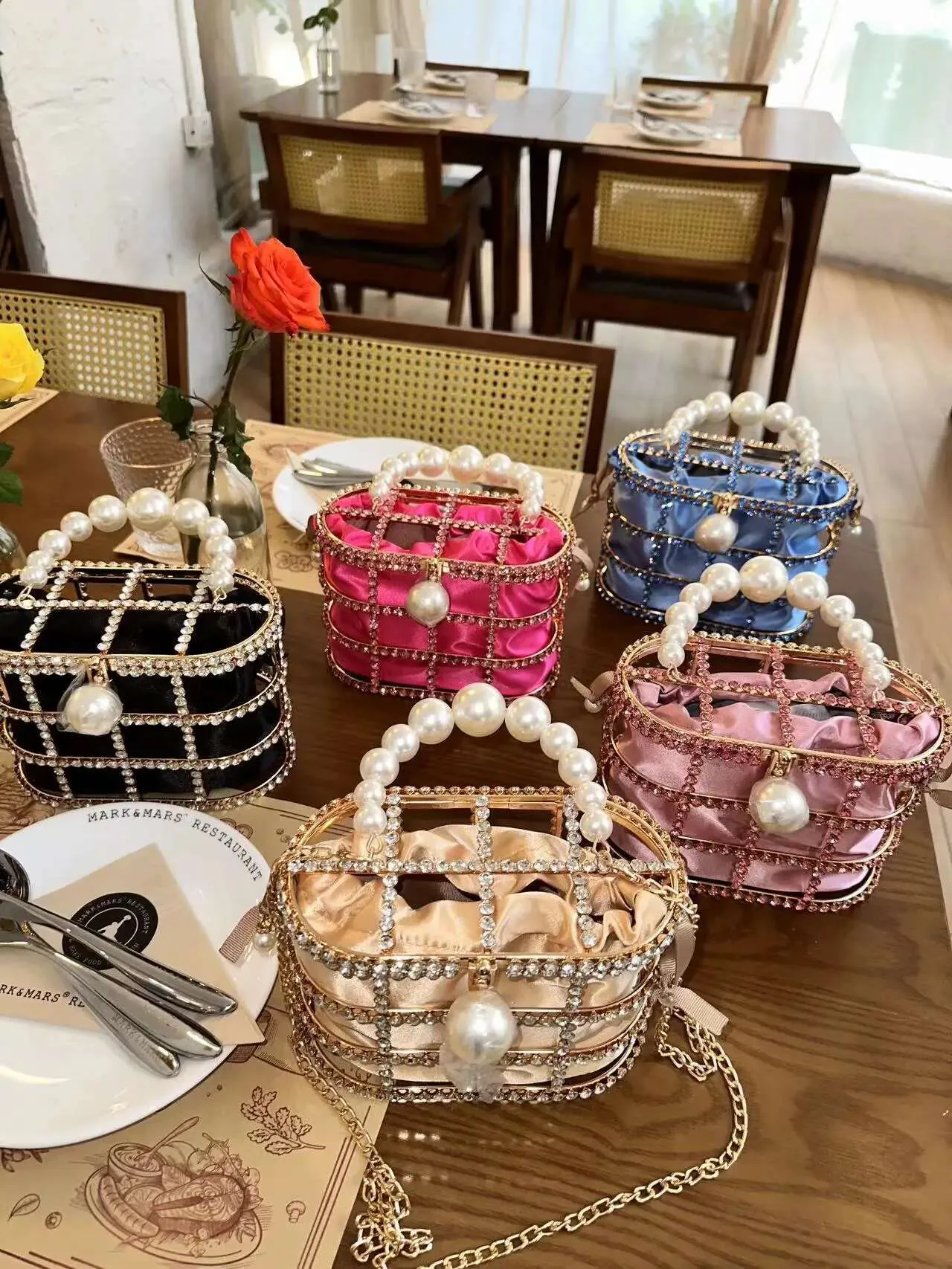Gold Metal Cage Shiny Rhies Dia Evening Pearl Beaded Women Handbag Wedding Party Clutch Purse Crossbody Bag_voghion.com